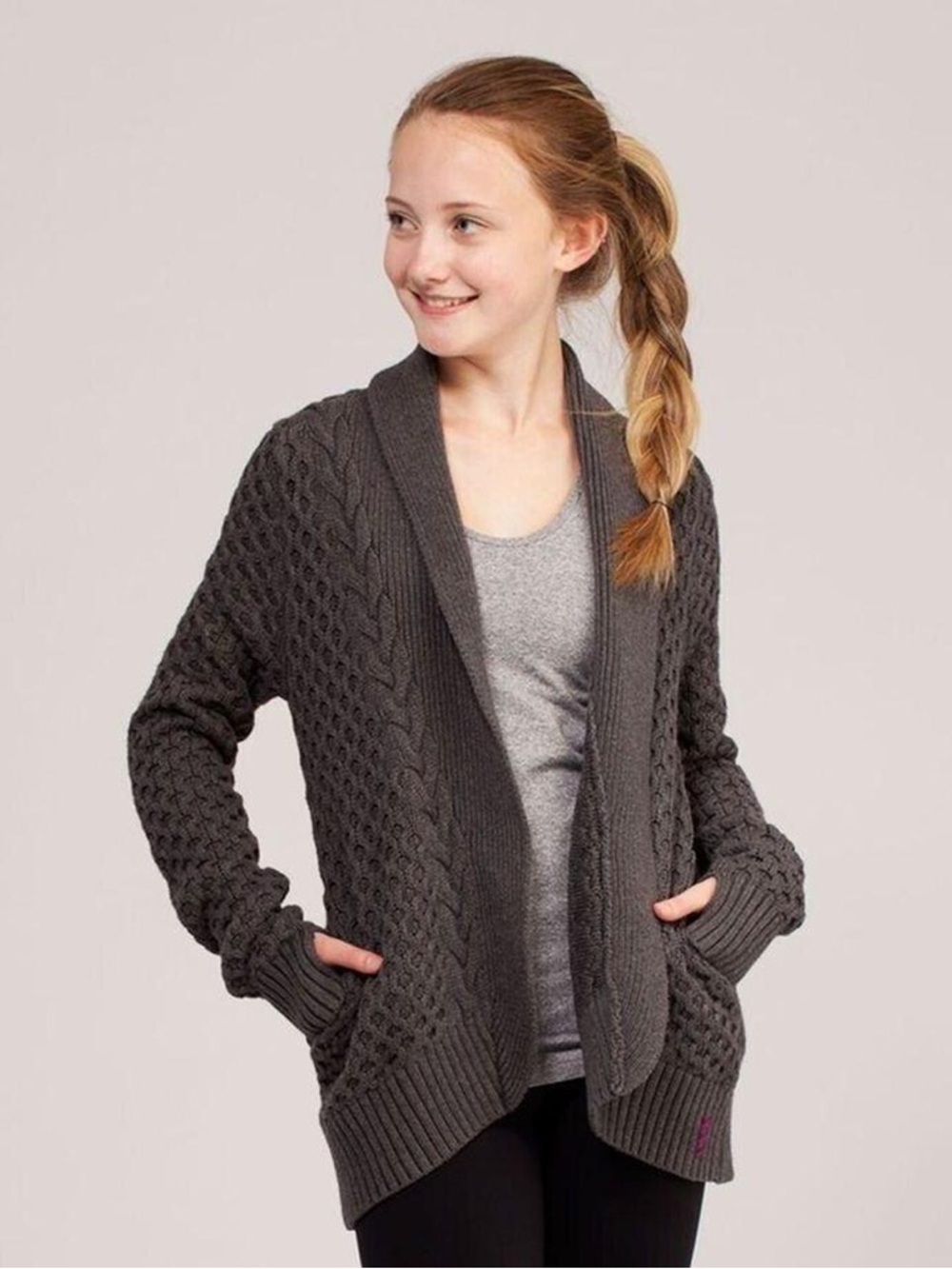 ivivva Breathe Relax Love Wrap Cardigan Girls 8 Gray Chunky Knit Grandpacore